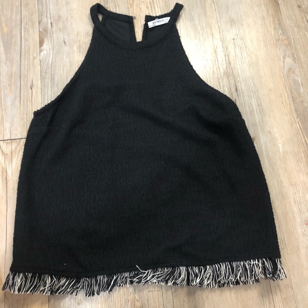 zara tweed and frayed detailed top